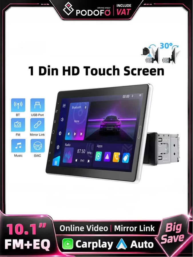 Podofo 1DIN Autoradio mit 10,1 Zoll abnehmbarem Bildschirm, MP5 Multimedia-Player mit kabellosem Carplay, Android Auto und Bluetooth, Schwarz - Bild 7