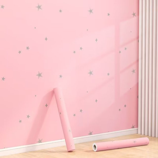 Selbstklebende Kinderzimmer Tapete mit Sternmuster und Prinzessinnen-Motiv in Pink aus PVC - Bild 1