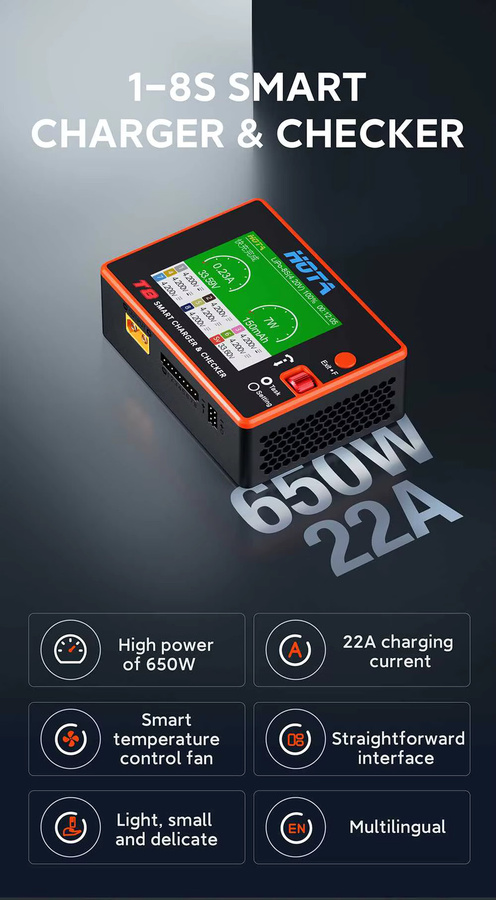 HOTA T8 Intelligentes Ladegerät und Checker mit 650W und 22A XT60 Anschluss für NiZn, NiCd und NiMH Akkus sowie RC-Drohnen-Ersatzteile - Bild 2