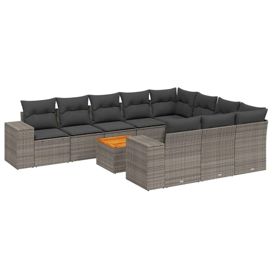 vidaXL 11-tlg. Garten-Sofagarnitur in L-Form aus Polyrattan und Akazienholz mit grauen Kissen - Bild 2