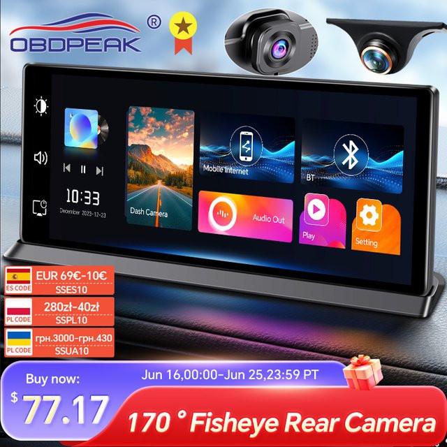 OBDPEAK K2 Pro Dash Cam mit 11,3 Zoll Display, 4K UHD Dual Kamera mit 170 Grad Fischaugen-Objektiv, Wireless CarPlay und Android Auto, Schwarz - Bild 1