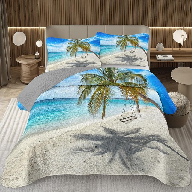 Your Warm Home Bettwäsche-Set Tropischer Palmenstrand mit Steppdecke und Kissenbezügen in Blau, B/H: 200 x 200 cm - Bild 1