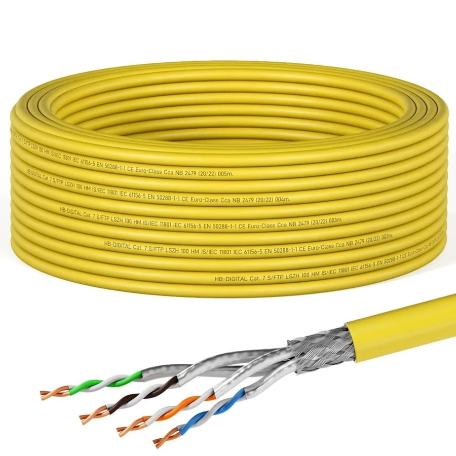 hb-digital CAT 7 Netzwerkkabel S/FTP AWG23 LSZH Ethernet LAN Gelb, Länge: 15 m - Bild 1
