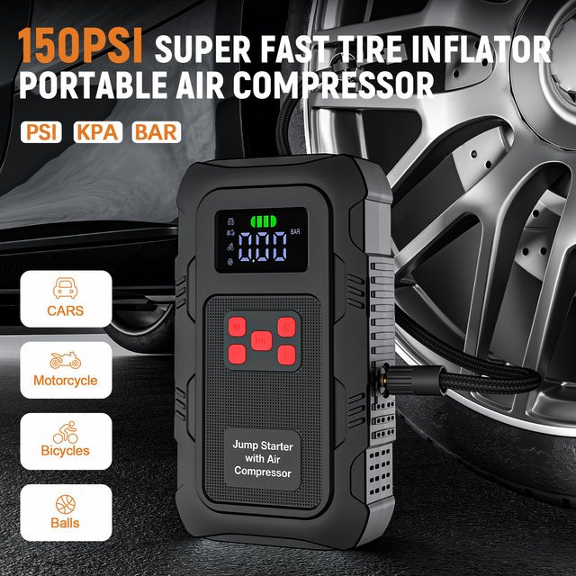 Povasee Tragbarer Auto-Batterie-Notfallstarter mit 5000A Luftkompressor und 150PSI Luftpumpe, Schwarz - Bild 1