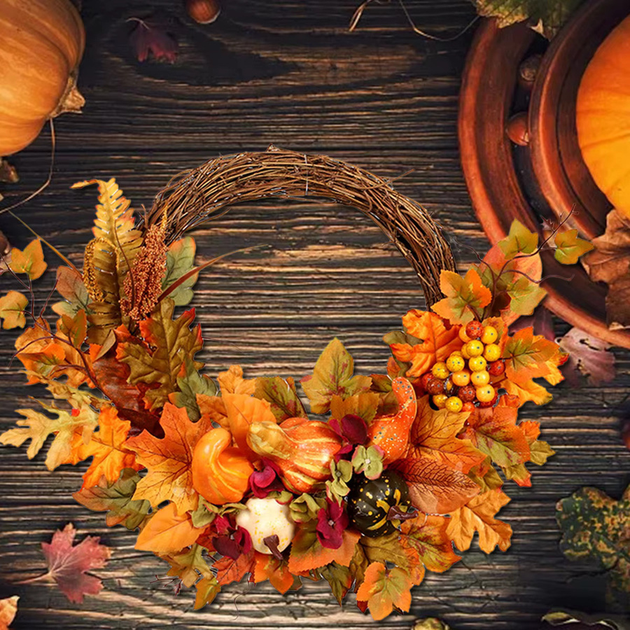 Künstlicher Herbst-Türkranz in Orange mit Kürbis, Beeren, Tannenzapfen und Ahorn aus Rattan und Textil, Durchmesser: 45 cm - Bild 3