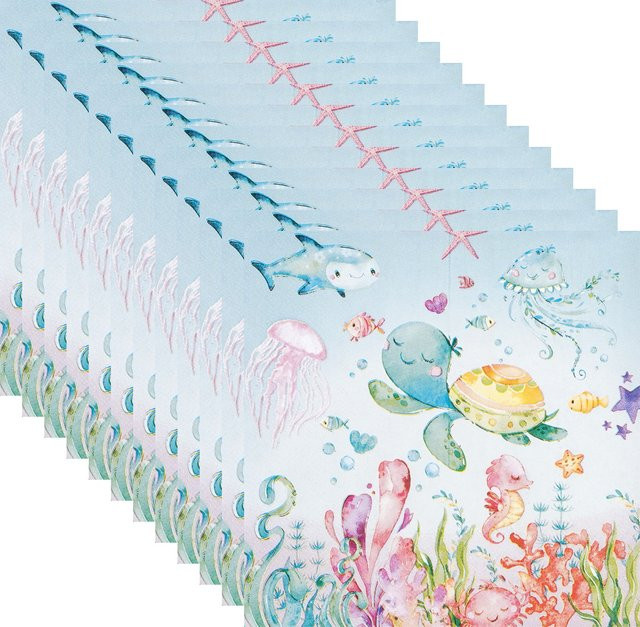 Einweg-Papierservietten mit Unterwasser-Meerestieren in Pastellblau für Baby-Shower mit Schildkröte, Fisch und Koralle - Bild 1