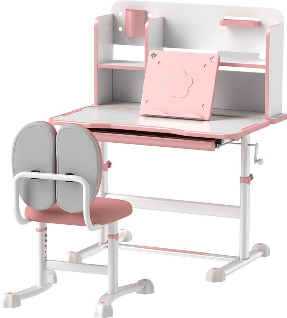 AIYAPLAY Kinder Schreibtisch Set mit Stuhl, Höhenverstellbare Schulbank in Rosa mit 45 Grad neigbarer Tischplatte, Schublade, Bücherregal und Stifthalter aus Stahl und MDF - Bild 1