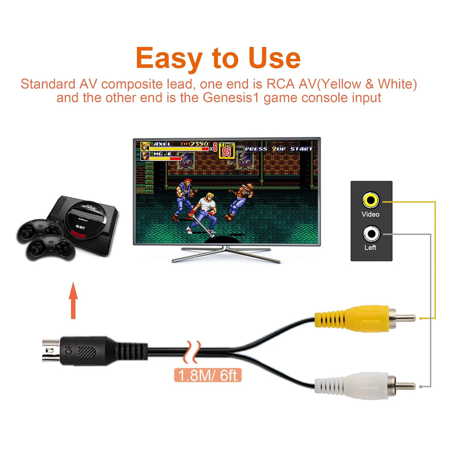 TECTINTER AV-Audio-Video-Kabel für SEGA Mega Drive 1, RCA Composite mit 5-Pin-Stecker, Schwarz/Mehrfarbig, Länge: 1,8 m - Bild 2