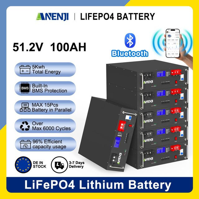 ANENJI LiFePO4 Akkupack 48V 100Ah 51,2V 5kWh mit BMS, RS485 und CAN, Schwarz - Bild 1