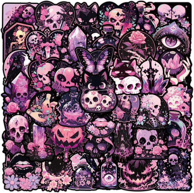 Kpustyle Gothic Horror Totenkopf Graffiti Aufkleber in Rosa und Schwarz, Wasserdichte Sticker für Laptop, Notebook und Koffer - Bild 1