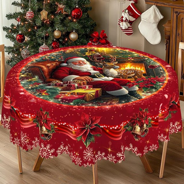 JINGYUE Pet Weihnachts-Tischdecke im Vintage-Bauernhaus-Stil mit Weihnachtsmann, Rentier und Weihnachtsbaum-Aufdruck, rot, B: 140 cm, T: 180 cm - Bild 1