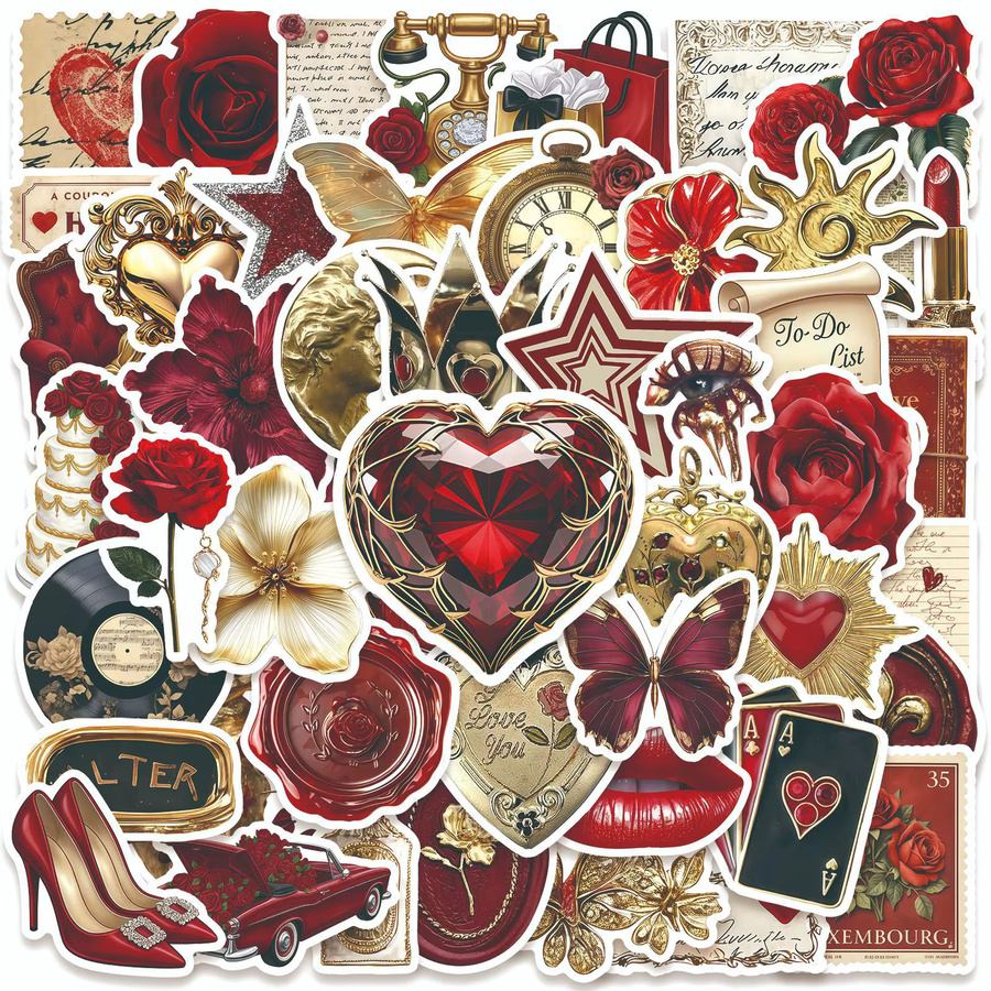 50 Stück GOGOTU Vintage Aufkleber in Rot und Gold, Ästhetische Cartoon-Sticker für Scrapbook und DIY, Wasserfeste Graffiti Sticker - Bild 2