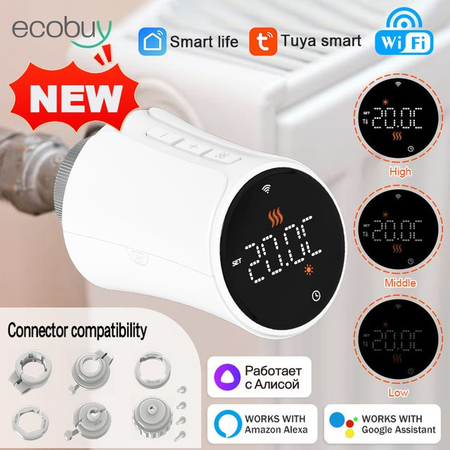 Tuya Smart Thermostat Heizkörperthermostat WiFi TRV Temperaturregler mit Alexa und Google Home Integration, Weiß - Bild 1
