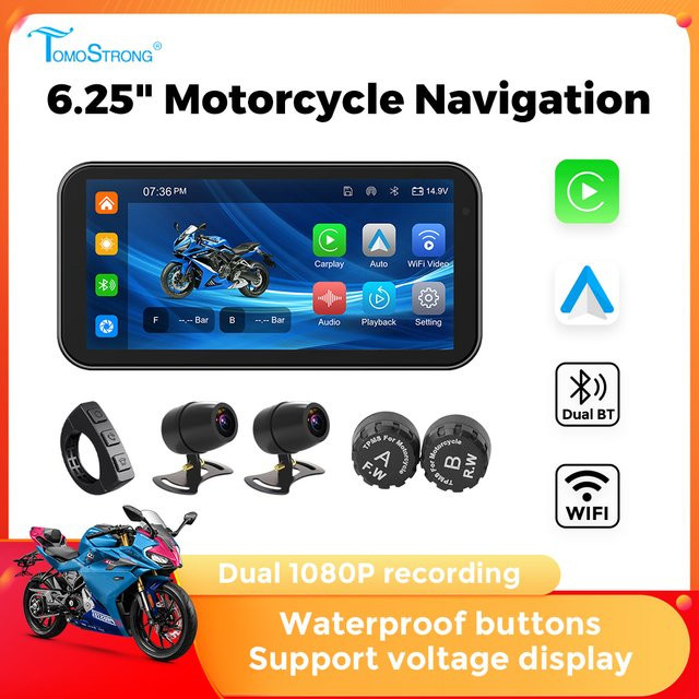 TomoStrong Tragbares 6,25 Zoll Motorrad GPS Navigationssystem mit IP67 Wasserdichtigkeit, Wireless CarPlay und Android Auto, DVR Stick Recorder mit Wi-Fi, Schwarz - Bild 1