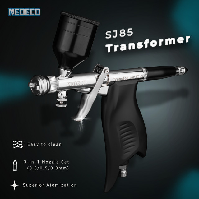 NEOECO SJ85 Transformer Airbrush Kit 2-in-1 Lüfter und Rundspray in Silber mit 0,3 mm, 0,5 mm und 0,8 mm Düsen für professionelle Modellmalerei - Bild 1