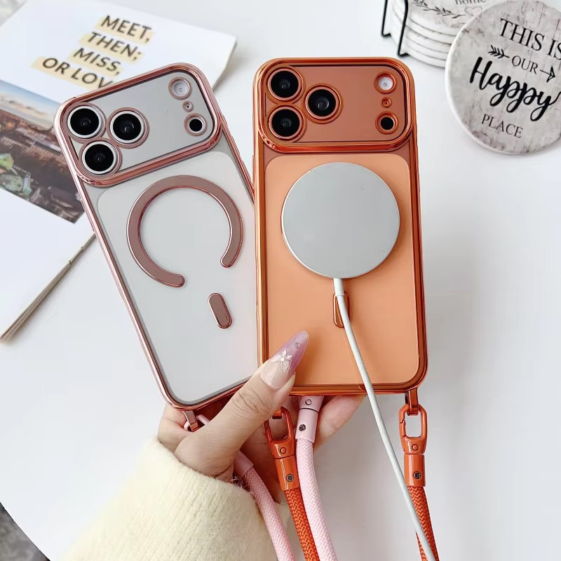 EHUIDE Magnetische Lanyard-Hülle für iPhone 13 14 15 16 17 Pro Max Plus, Stoßfeste Crossbody-Halskordel-Hülle mit transparentem Cover, Pink - Bild 2