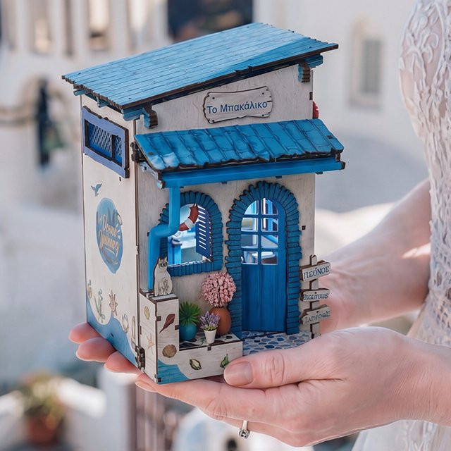 ELEVEN-CUTE Holz-Strand-Eckbücherregal-Einsatz-Set, Miniatur-Modellbausatz, mit Licht - Bild 1