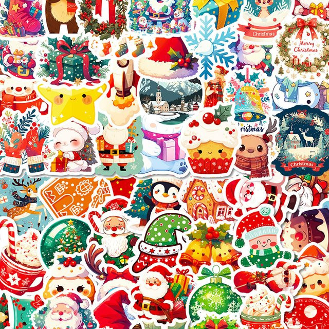 Bunte Weihnachtsaufkleber mit lustigen Cartoon-Motiven wie Santa Claus und Elch für Koffer, Wasserflaschen und Spielzeug - Bild 1