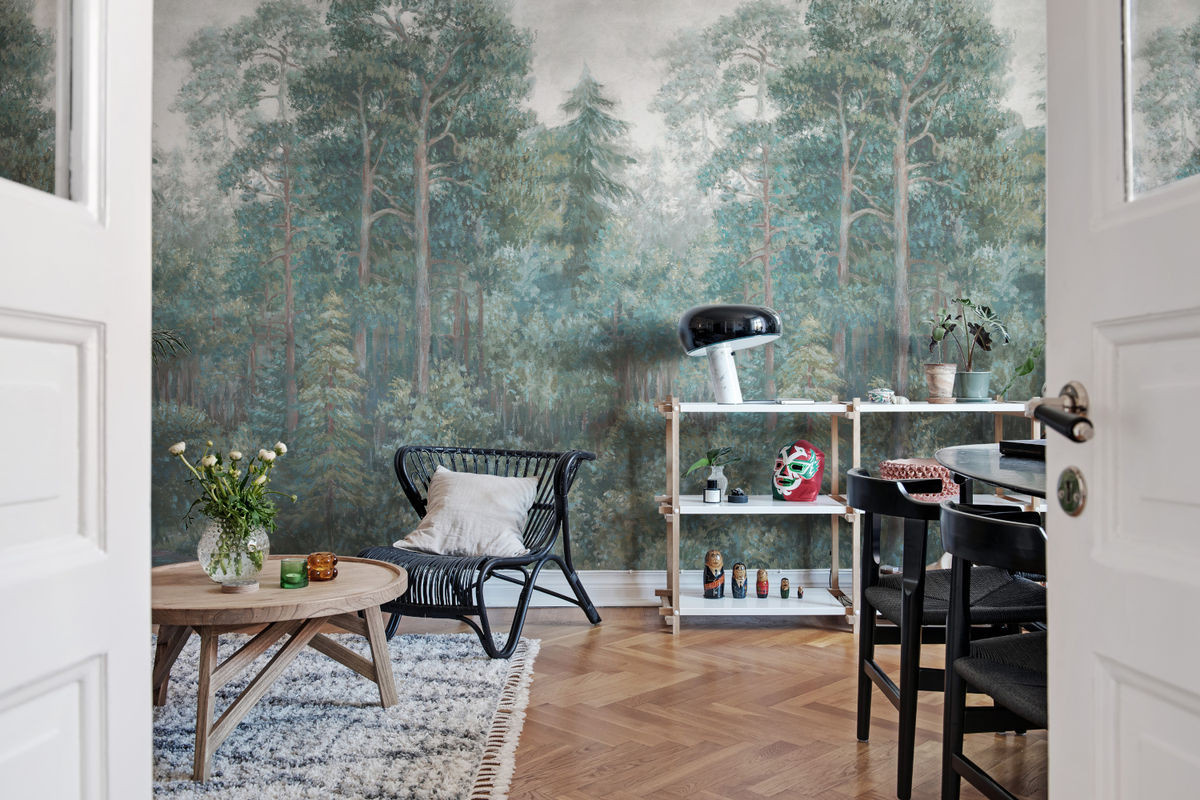 Rebel Walls Wandbild Green Wood Emerald - Botanisches Vlies in Grün mit Wald und Blumen im Vintage-Stil - Bild 1