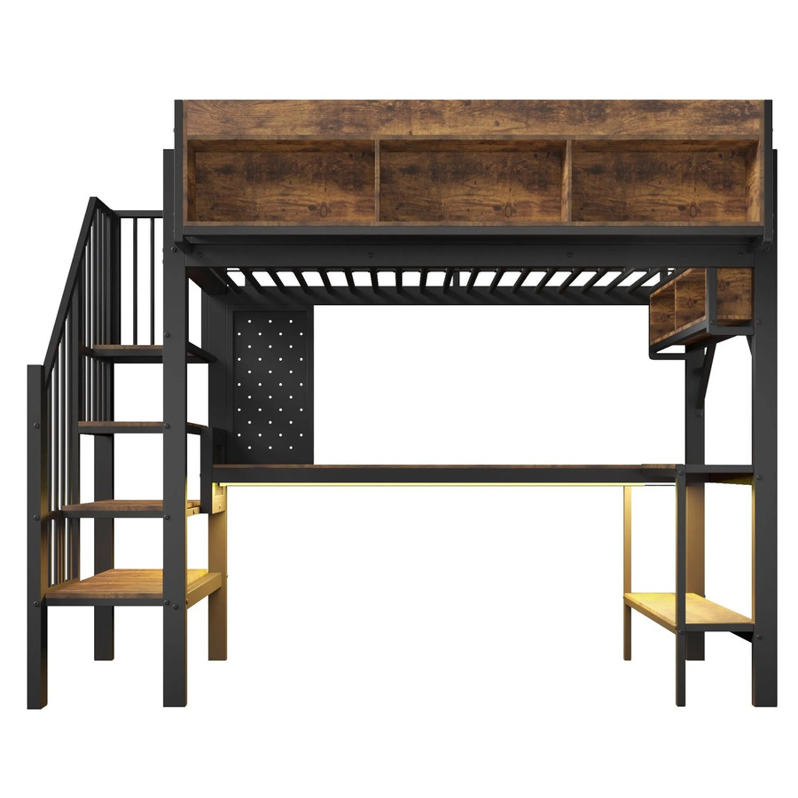 Merax Hochbett mit Schreibtisch und LED-Beleuchtung in Braun und Schwarz, B/T/H: 90 x 200 x 182 cm - Bild 2