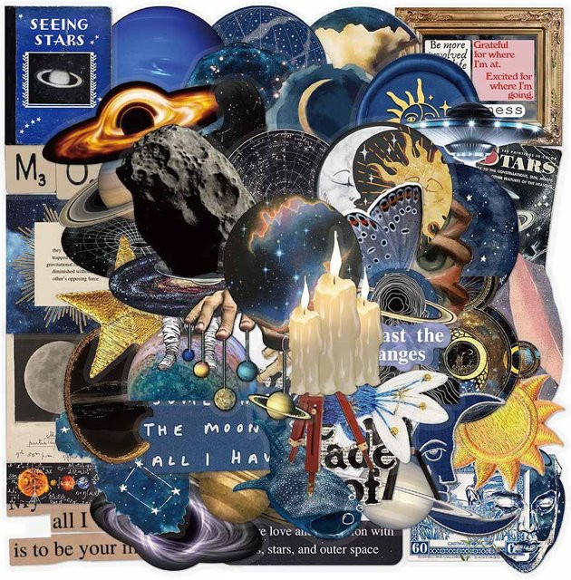 50 Stück Space Graffiti Aufkleber Set, transparente Planeten und Galaxy Motive für Handyhüllen, Skateboard und Wasserbecher, mehrfarbig - Bild 1