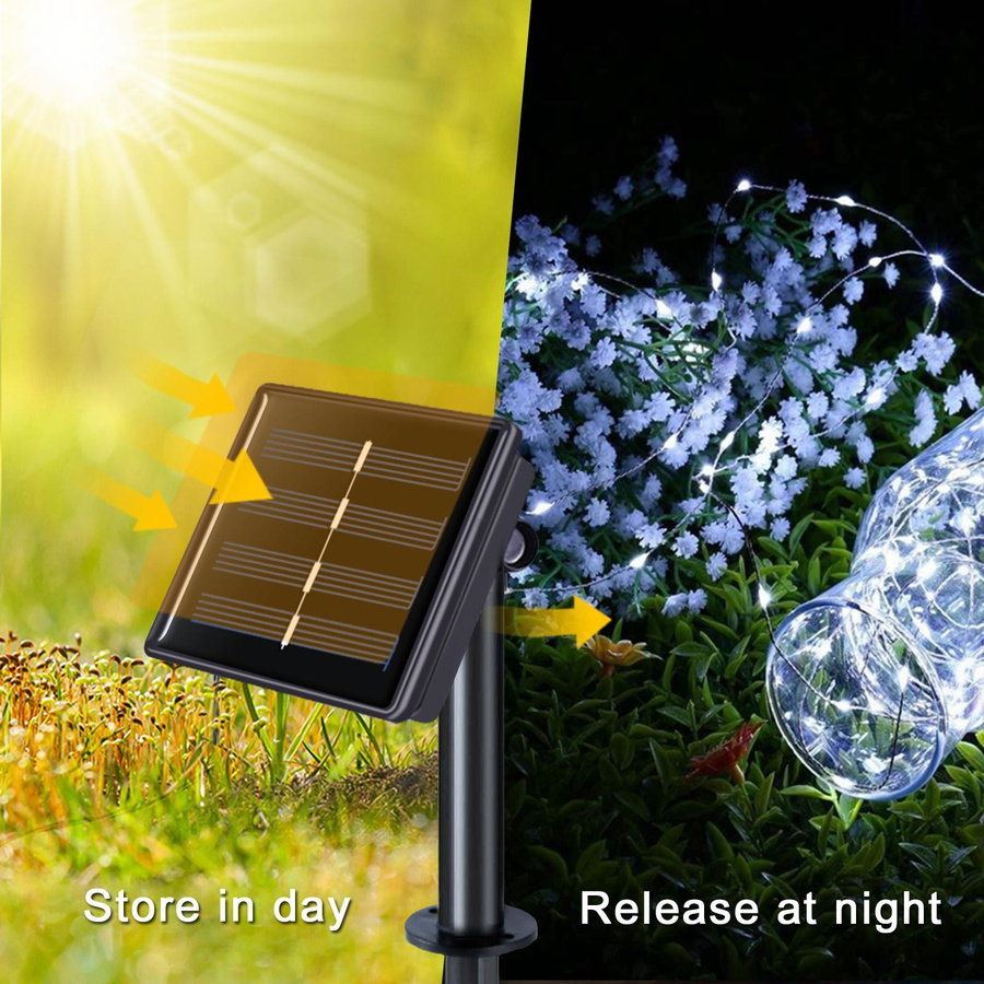HappyhomeEE Solarbetriebene LED Lichterkette mit 100 LEDs in Warmweiß und Kupferdraht, 8 Modi für Garten, Terrasse, Hochzeit und Weihnachtsdekoration - Bild 9