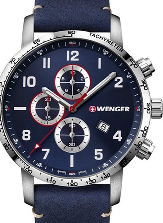 Wenger Chronograph, Herrenuhr, Quarz, Edelstahl, Leder, Blau, 44 mm, 10 ATM