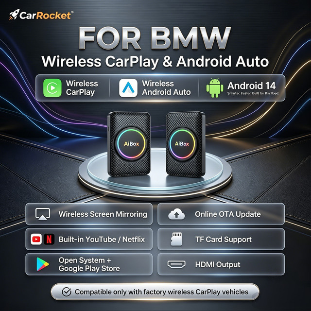 CarRocket Android 14 Ai Box mit HDMI, kabelloses Android Auto und Apple CarPlay für OEM-Fahrzeuge, Schwarz - Bild 1
