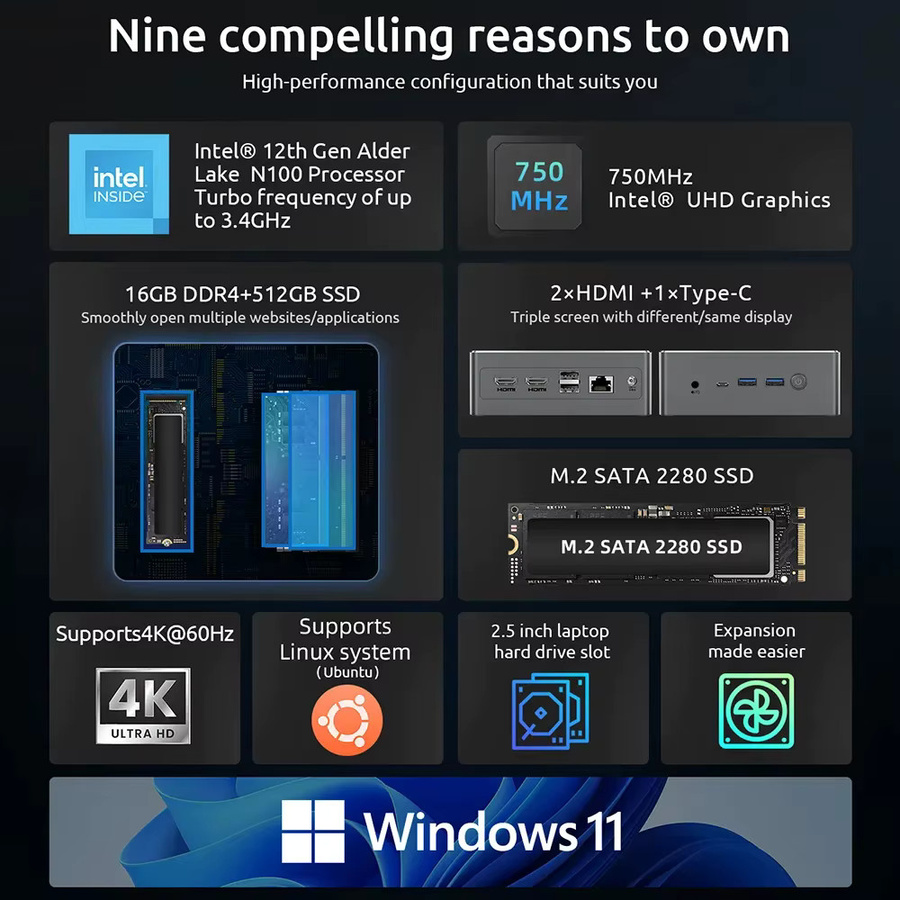 BMAX B4 Plus Turbo Mini-PC mit Windows 11, Intel N100 Prozessor, 16GB RAM und 512GB SSD, unterstützt 4K@60Hz via HDMI und Type-C, Bluetooth integriert - Bild 2