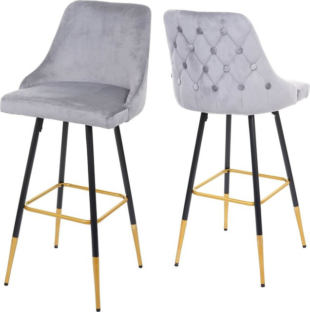 2er-Set Barhocker MCW-E70 im Retro Design mit Samtbezug und goldenen Metallfüßen, Grau - Bild 1