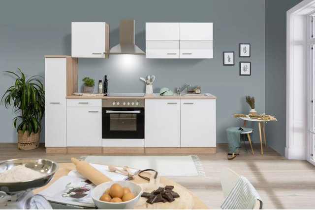 Respekta Küchenzeile KB240ESWC in Weiß-Eiche Glänzend mit Einbaufunktion und Soft-Close-Türen, Breite: 240 cm, Tiefe: 60 cm, Höhe: 85 cm - Bild 1