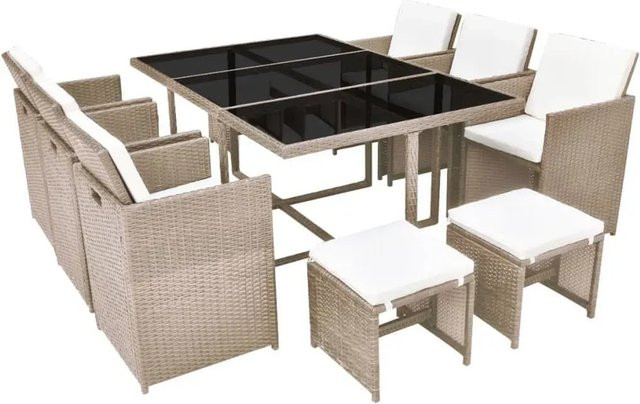 vidaXL 11-teilige Garten-Essgruppe aus Poly Rattan in Beige mit Glasplatte und Auflagen - Bild 1