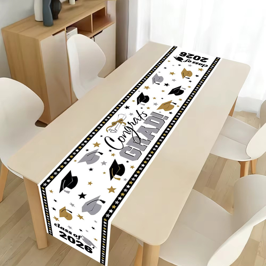 AFYPRTY Tischläufer mit Abschlussfeier-Motiv aus Polyester, Schwarz-Gold-Silber mit Sternenmuster, Breite: 35 cm, Länge: 180 cm - Bild 2