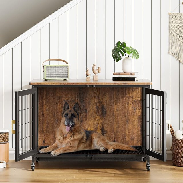 HiMISS Hundezwinger aus Holz in Braun mit Rädern und herausnehmbarem Boden für große Hunde - Bild 1