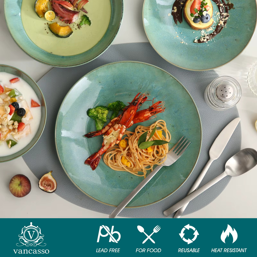 Vancasso Steinzeug-Geschirrset grün geprägtes Dinnerware-Set mit Tellern, Schüsseln und Bechern in 16- oder 32-teiliger Ausführung - Bild 2