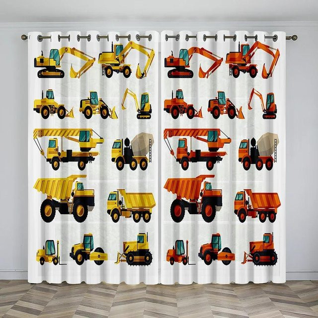 Kinder Vorhänge mit Baustellenfahrzeugen im Cartoon-Stil, B/H: 100 x 160 cm, Mehrfarbig - Bild 1