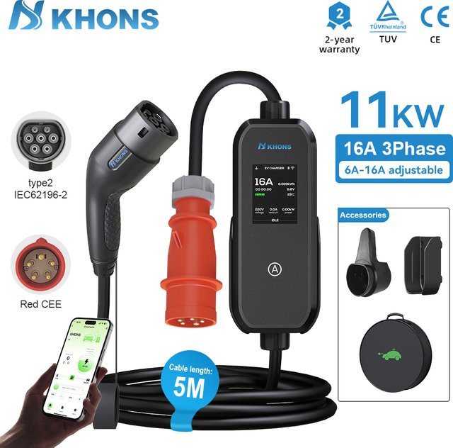 Khons Tragbares EV-Ladegerät Typ2 mit APP-Steuerung, 11KW 16A 3-Phasen EVSE-Ladebox, 5m TPU-Kabel, Schwarz - Bild 1