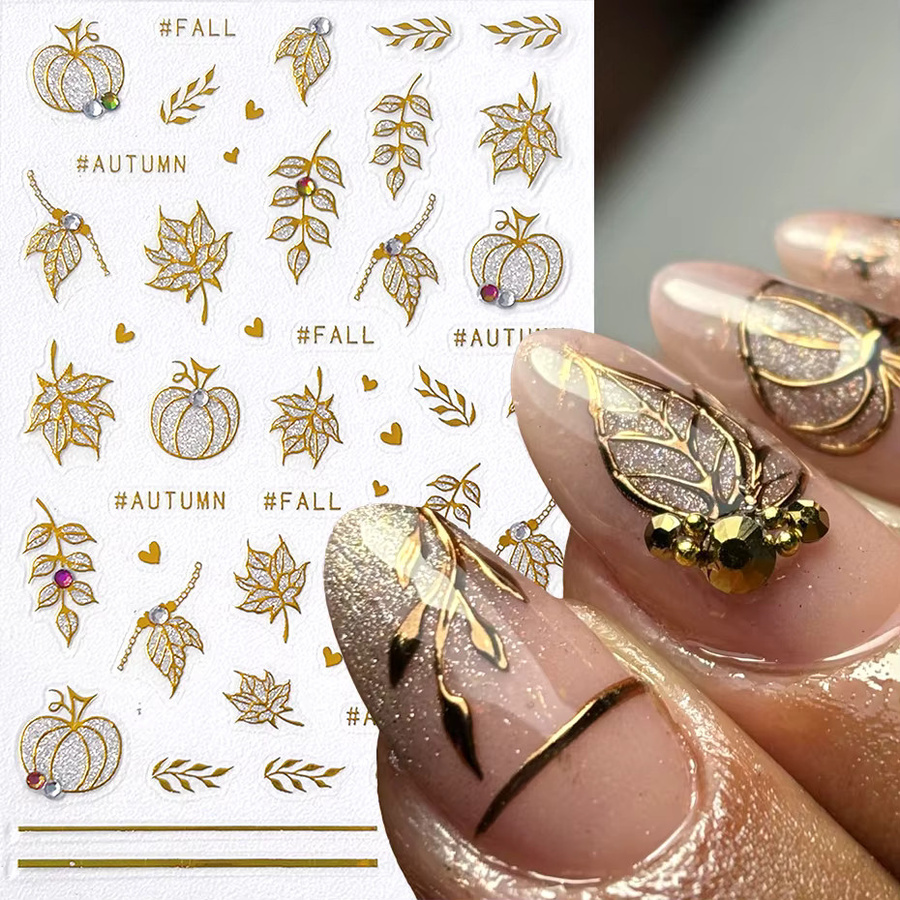 Full Beauty Nagelaufkleber, Gold Glitter, Herbst Kürbis Blatt, 2 Stück - Bild 2