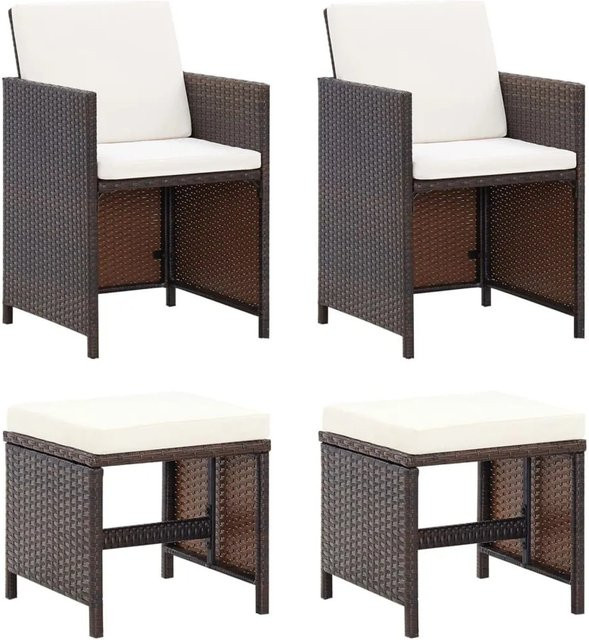 Furnicato Gartenstuhl und Hocker Set Braun mit Kissen aus PE-Rattan und Stahl, B/T/H: 52 x 60 x 85 cm - Bild 1