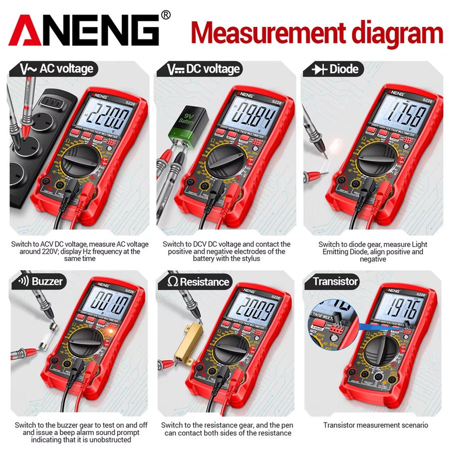 ANENG SZ28 Smart Digital Multimeter mit 4000 Zählungen für AC/DC Spannung, Strom, Widerstand, Hz, Diode und NCV in Rot - Bild 5