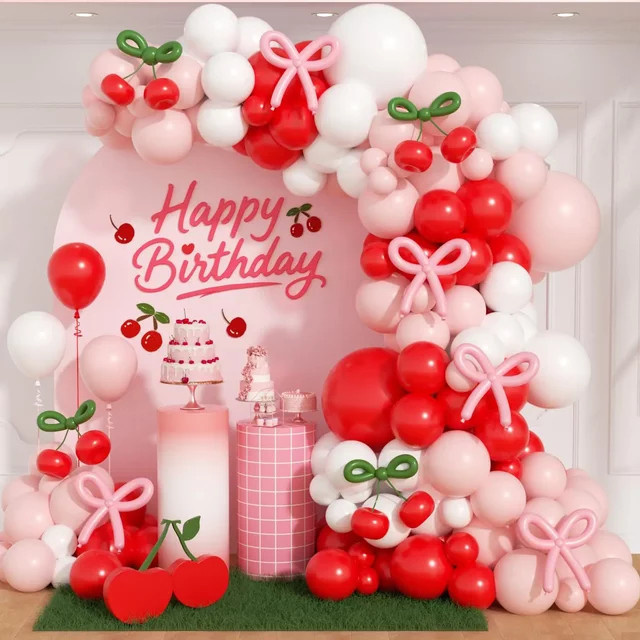 RENYUAN 136-teiliges Kirschballonbogen-Set mit langen Luftballons in Weiß, Rot, Rosa und Grün für deine Babyparty oder Geburtstagsdekoration - Bild 1