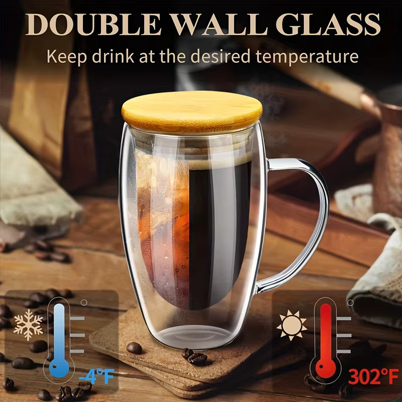 2er-Set KEMORELA Doppelwand-Gläser transparent mit Holzdeckel und Löffel, Kaffeebecher für Cappuccino und Espresso, 350 ml und 450 ml - Bild 4