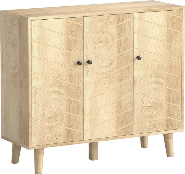HOMCOM Sideboard in natürlicher Holzoptik mit 3 Türen im Chevron-Muster und Kiefernholzfüßen, Farbe Beige/Braun, B/T/H: 88,3 x 30 x 76 cm - Bild 1