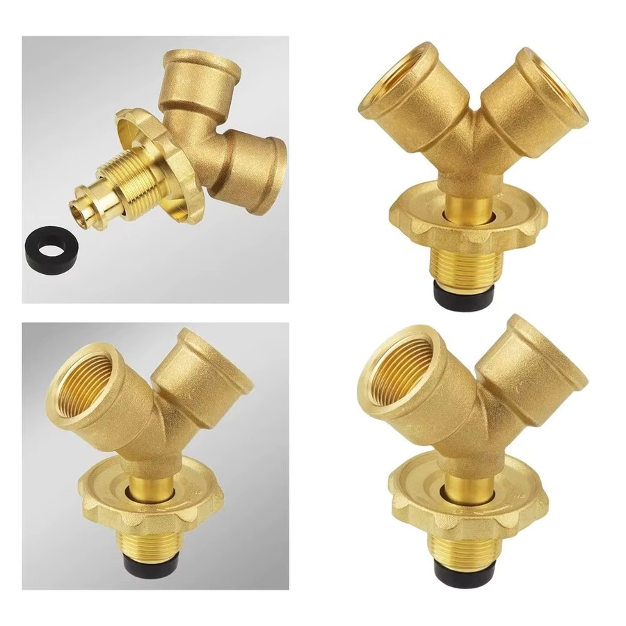 Y-förmiger Wasserhahnverbinder aus Messing in Gold mit 4-Punkt Dreiwegeventil und Schalter für Flüssiggasbehälter - Bild 2