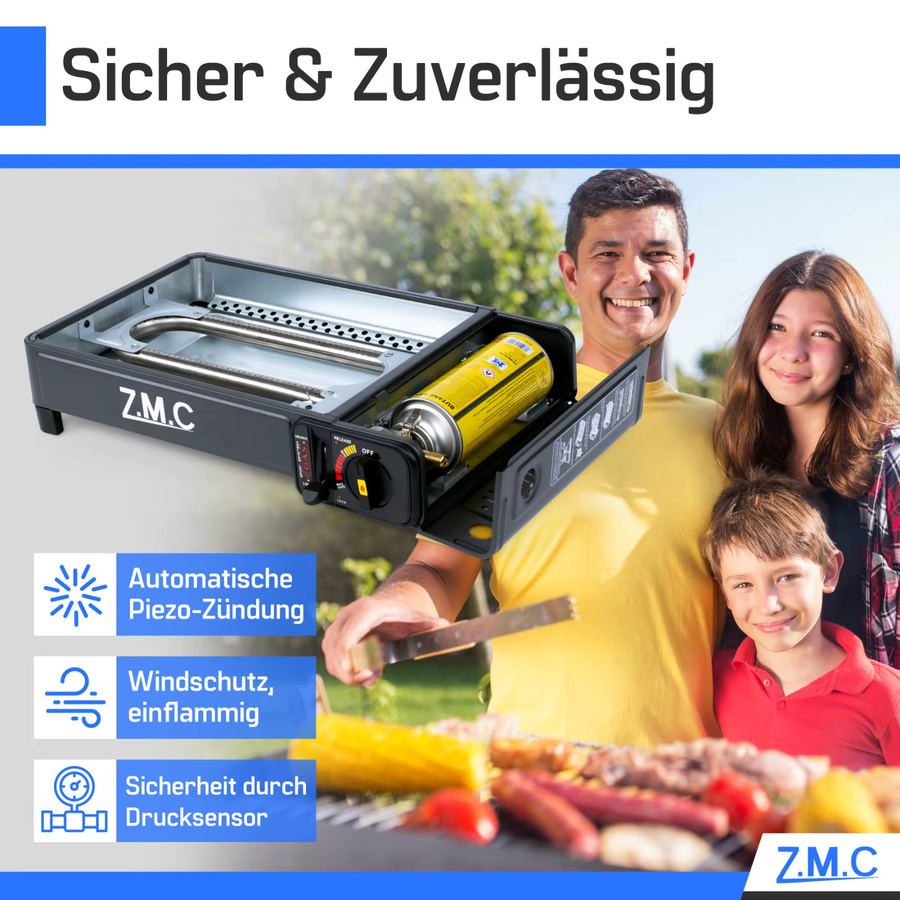 Z.M.C 2-in-1 Campingkocher und Gasgrill mit 2,2 kW Leistung, Piezo-Zündung und LPG-Anschluss, Schwarz, Tragbar mit Koffer - Bild 3