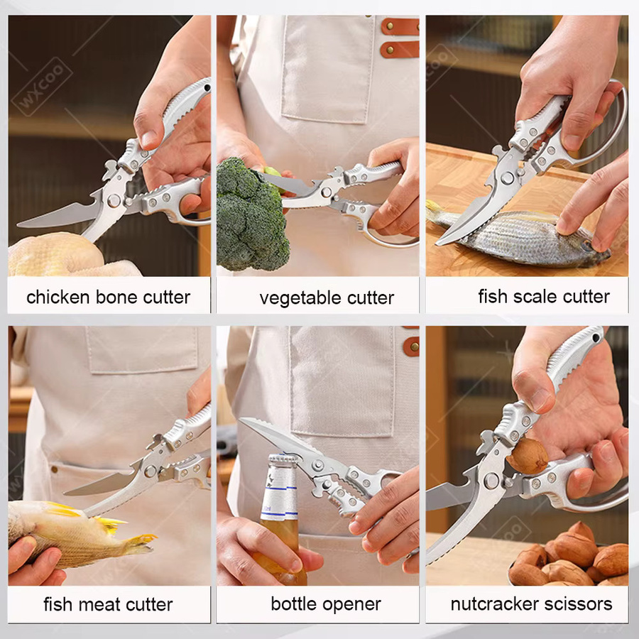 WXCOO Küchenschere aus Edelstahl in Silber als multifunktionale Hühnerschere für Fleisch, Gemüse und Fisch mit rutschfestem Griff - Bild 4
