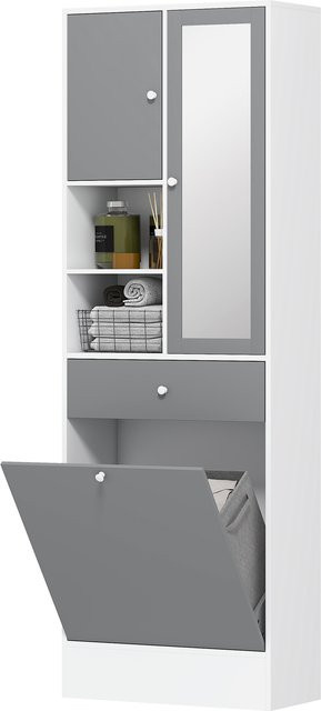 HOMCOM Badezimmerschrank in Grau und Weiß mit Spiegeltür, Wäschekorb, Schublade und verstellbaren Regalen, B/T/H: 62 x 28,3 x 181 cm - Bild 1