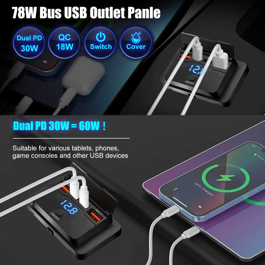 KEBETEME USB-Autoladegerät mit 4 Ports, 96 W Schnellladegerät mit Dual PD und Dual QC 3.0, Schwarz, für 12 V/24 V Auto, Boot, Bus, RV und LKW - Bild 3
