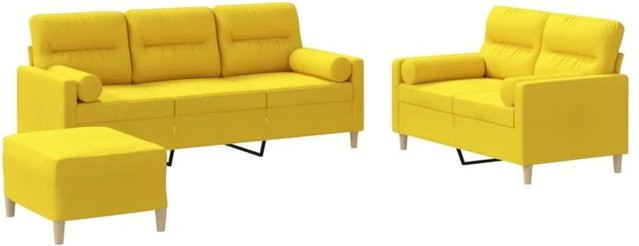 vidaXL 3-teilige Sofagarnitur in Hellgelb aus Stoff mit 3-Sitzer-Sofa, 2-Sitzer-Sofa, Fußhocker und Zierkissen - Bild 1