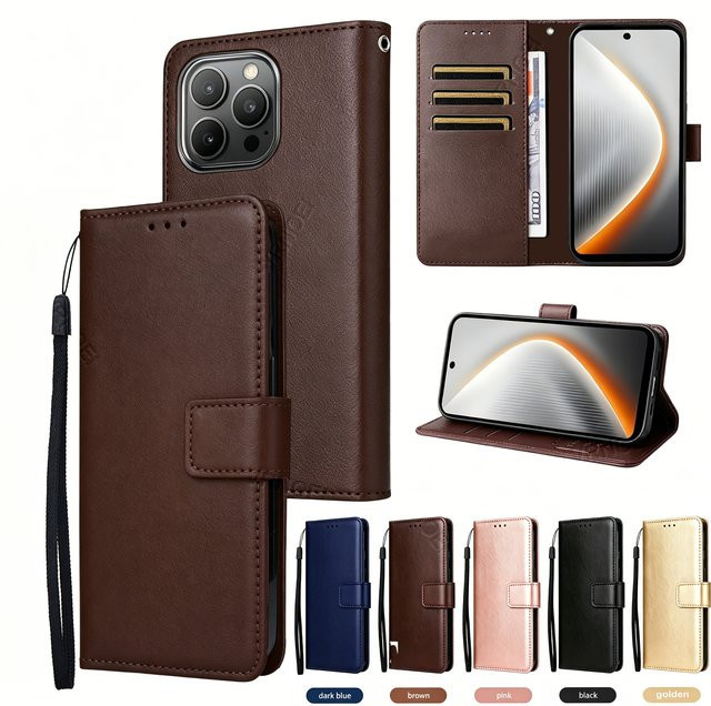 VOUVI Brieftaschenhülle aus PU-Leder für iPhone 11 bis iPhone 17 Pro Max mit Kartenclip und stoßfestem Schutz in Pink oder Braun - Bild 1